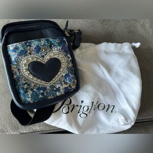 BRIGHTON Love Bouquet Utility Bag Blue Hearts Leather Handsfree Leather EUC